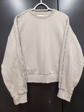Calvin Klein Jeans Neutral Beige  Logo Trim Crewneck Crop Sweatshirt Medium